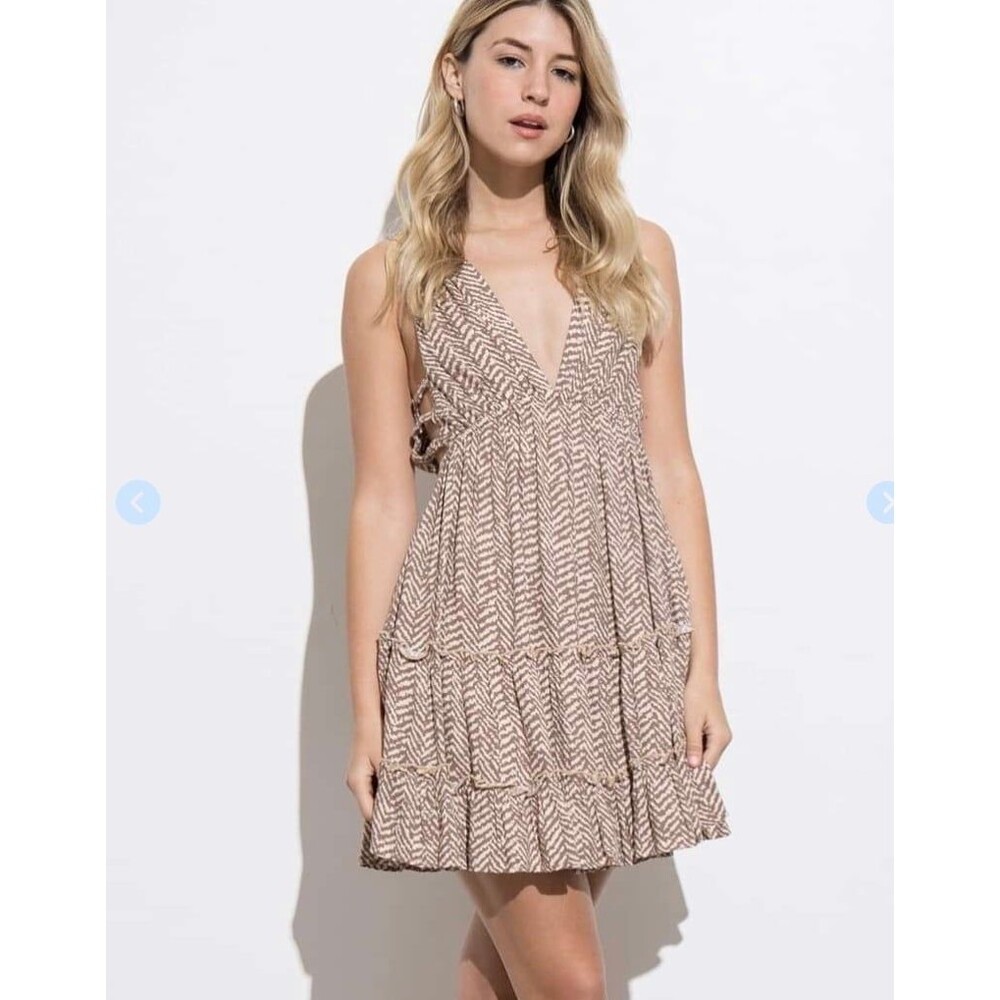 Printed Boho Mini Dress Women's Sleeveless V Neck Tiered Ruffle Babydoll